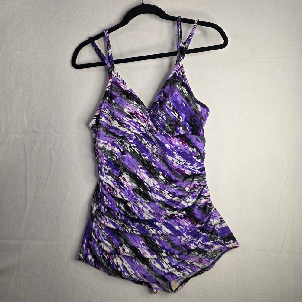 Trimshaper Womens Purple Abstract One Piece Swimsuit Tummy Control Size 16